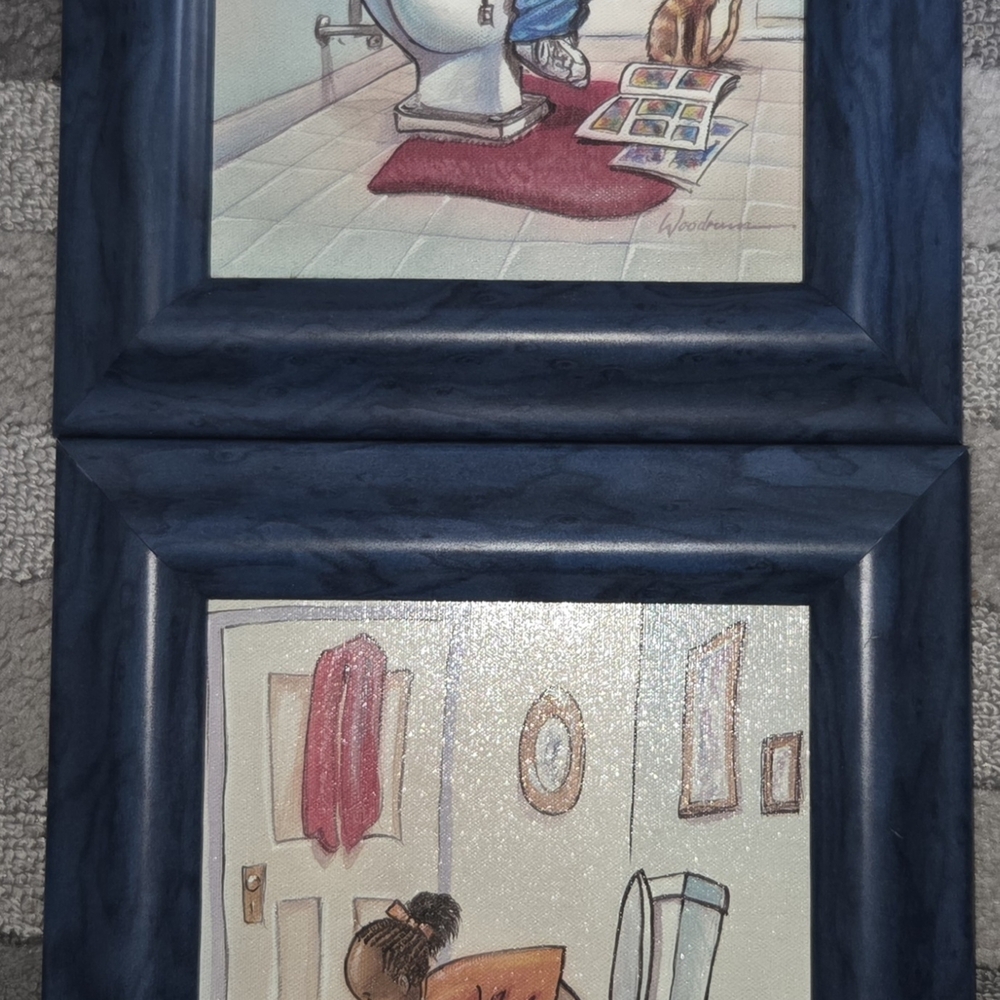 Framed Home Art Painting Set in Navy Blue - Whimsical Bathroom Scenes